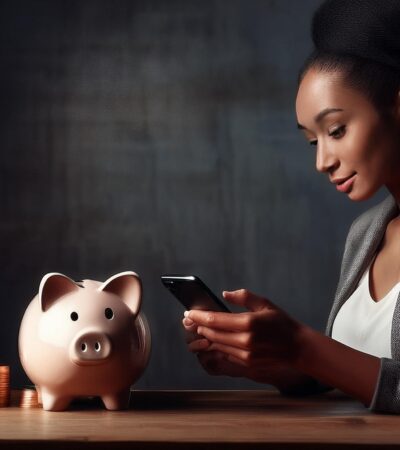 A woman using an app and saving money