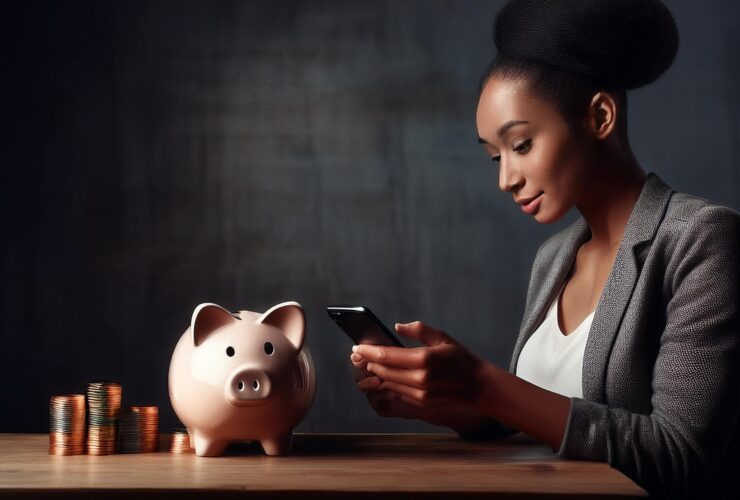 A woman using an app and saving money