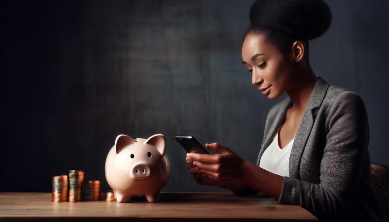 A woman using an app and saving money